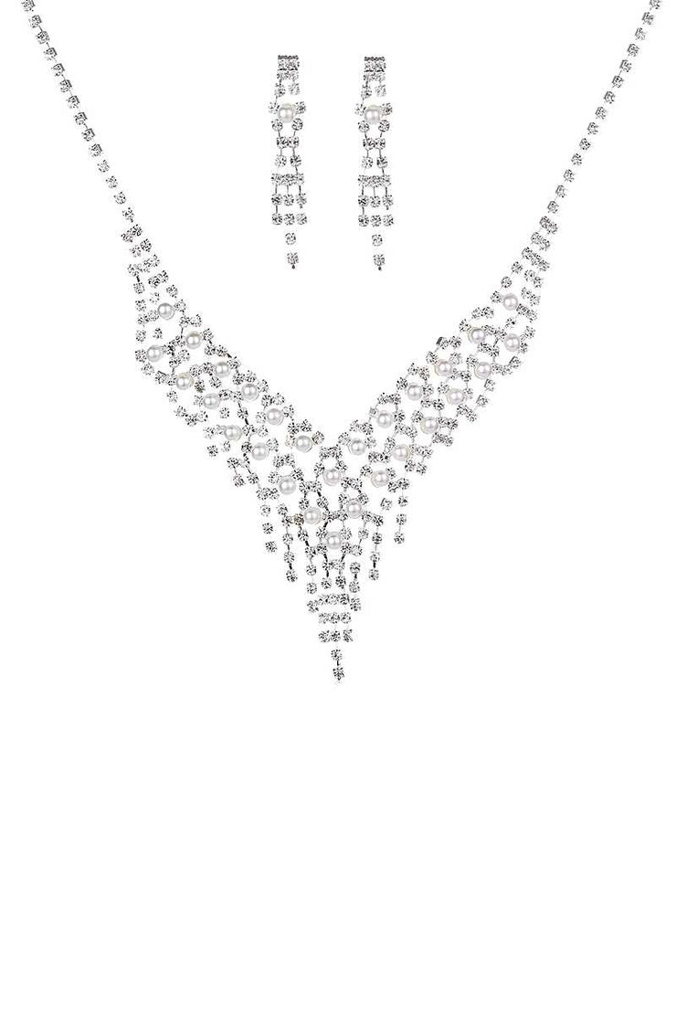 Rhinestone Pearl Bead Necklace And Earring Set
