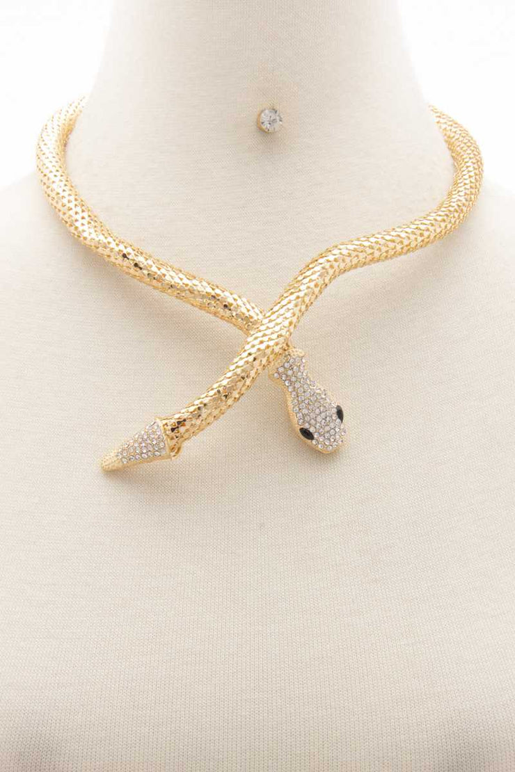 Snake Rhinestone Head Metal Necklace