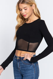 Long Sleeve Crew Neck With Front Mesh Hem Knit Top
